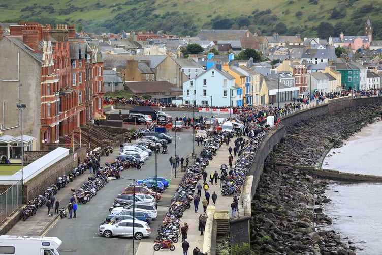 Aerial view of the crowds on the seafront at Peel TT Day