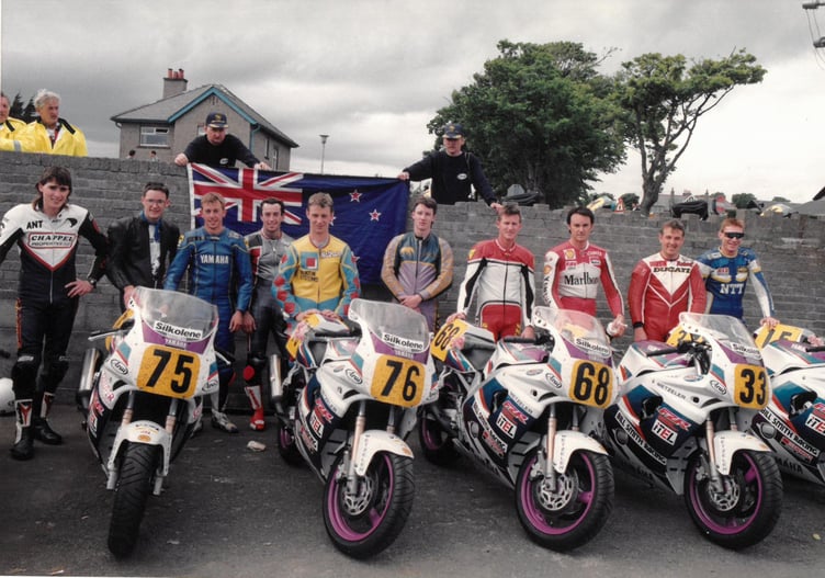 The line-up of 10 riders after the successful Maudes Trophy attempt, with all 10 completing the race and lapping in excess of 100mph. (L-r) Anthony Young, Doug Bell, Paul Williams, Hugh Reynolds, Nathan Spargo, Blair Degerholm, Russel Josiah, Russel Josiah, Chris Haldane, Robert Holden and Jason McEwen (All photos: John Watterson)