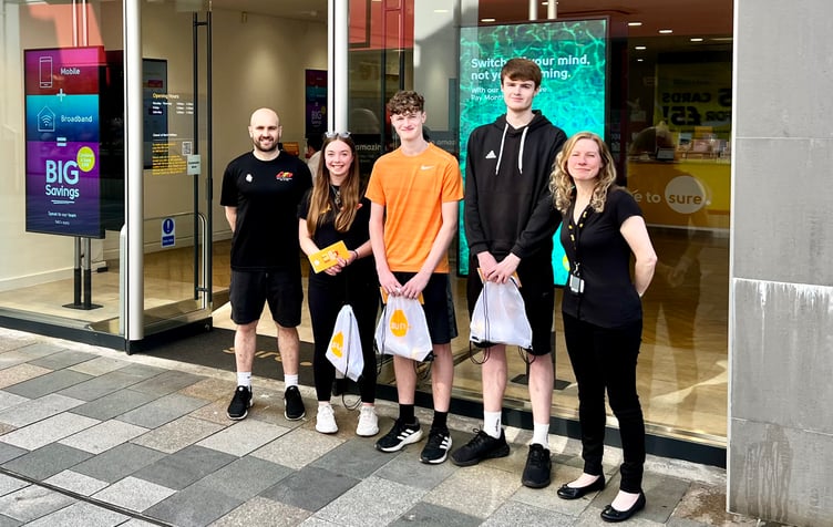 (Left to right) sports development officer Sam Caine, Sure Sports Leader of the Year and second place reward recipient Abigail Harvey, first place reward winner Liam Bedford, third-placed Matthew Rice and Sarah Read from sponsor Sure