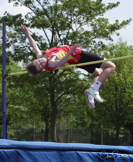 Regan Corrin’s on his way to clearing 2.04 metres in the high jump at the Lancashire Track and Field Championships in Blackpool (Photo: Claire Schreuder)