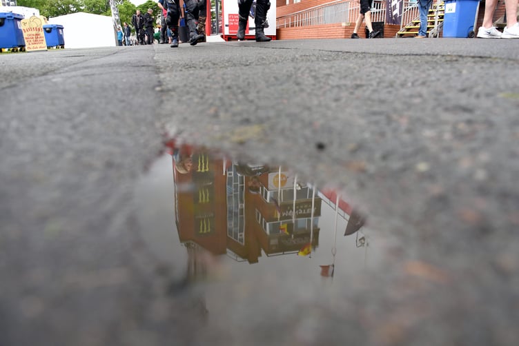 Soggy scenes at the TT Grandstand at Noble's Park -