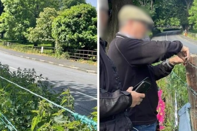 Image of man tampering with fence by the TT course