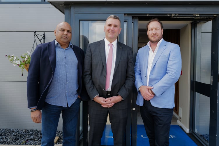 Left to right: Neeraj Bhatia (Group CEO), Tim Johnston MHK, (Minister for Enterprise) and Harry Ackerman, (CEO of Megacorp Aviation)
