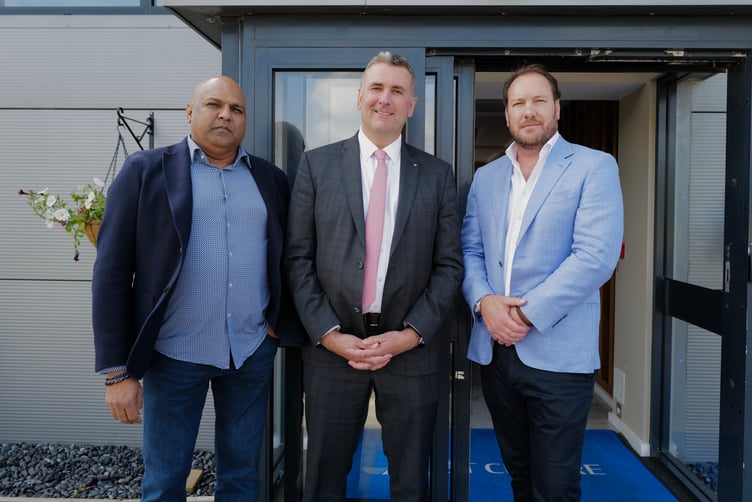 Left to right: Neeraj Bhatia (Group CEO), Tim Johnston MHK, (Minister for Enterprise) and Harry Ackerman, (CEO of Megacorp Aviation)