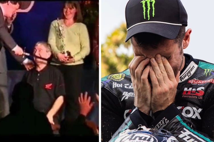 Joey Dunlop being 'knighted' by David Cretney (left) and an emotional Michael Dunlop (right)