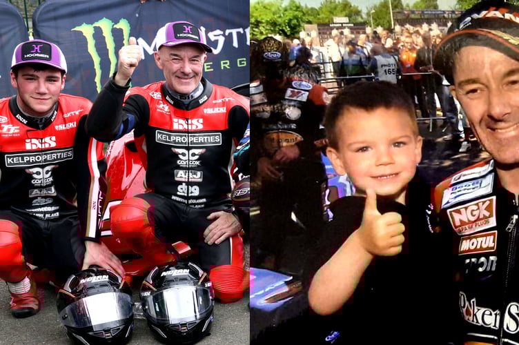 (Left) Dave Molyneux with his godson Jake Roberts after finishing third in Thursday's second Sidecar race, his last TT before retiring. (Right) With a very young Jake in the winners' enclosure in 2007 after completing a double victory with Rick Long 