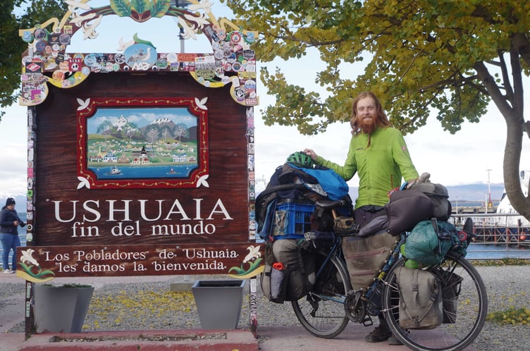 Colin Bankes-Jones when he reached Ushuaia, Argentina - the southernmost city in the world
