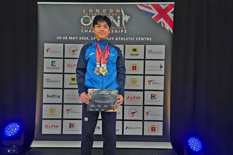 Manx Taekwondo's Nino Ontoy with his medals at the 2024 London International Open Poomsae Taekwondo Championships 