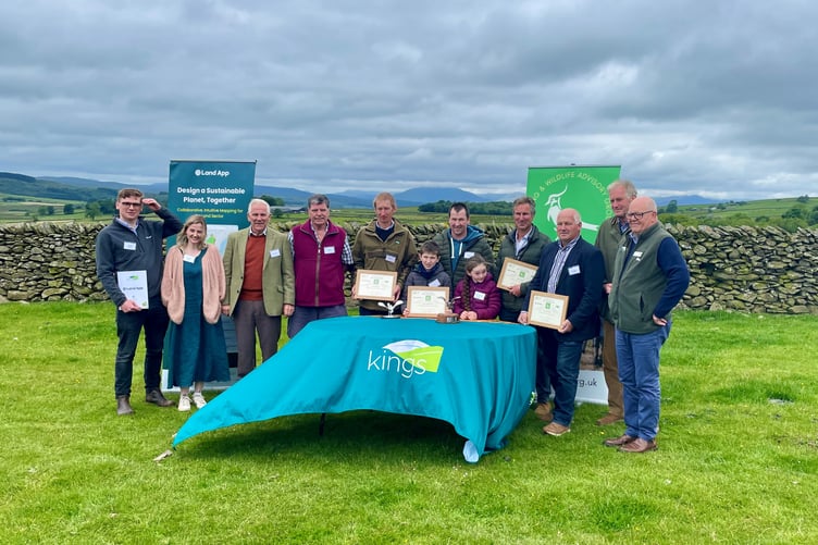 Pictured are (left to right) Dan Geerah and Cathy Evans (sponsors from Land app), Chris Butler (chair of judging team and the FWAG association), John Fenton (Yorkshire finalist), Chris Rumming (South West finalist), David Cooil with children Rupert and Ivy, James Bucher (Norfolk finalist), Alun Evans, (Welsh finalist), Martin Hole Judge, Jim Egan (sponsor from Kings)