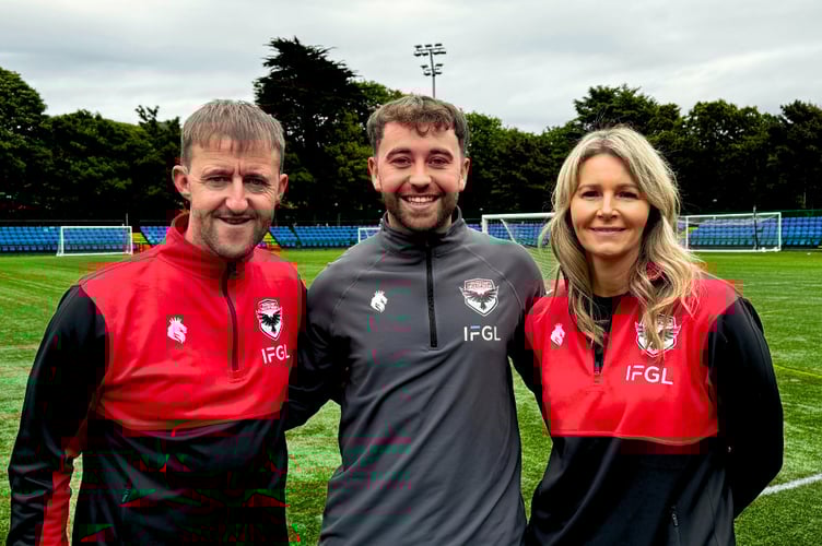 FC Isle of Man's new football in the community officer Connor Prescott (centre) alongside club chairwoman Gill Christian and vice-chairman Lee Dixon
