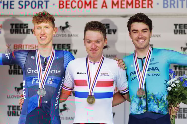 The Isle of Man's Max Walker (right) on the podium with his bronze medal after finishing third in the 2024 British National Road Championships elite men's road race earlier this year (Photo: Alex Whitehead/SWpix.com)