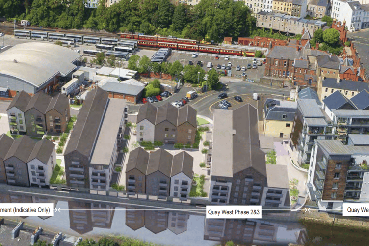 Aerial view showing proposed Quay West phase 2 and 3 development