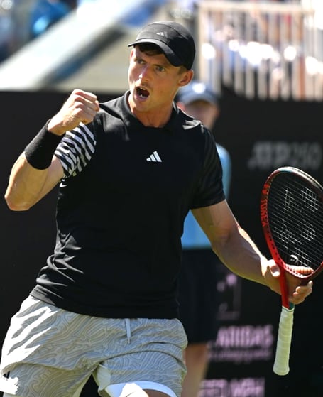 Billy Harris celebrates his victory over Italy’s Flavio Cobolli in the quarter-finals of the Rothesay Eastbourne International on Thursday (Photo: LTA)