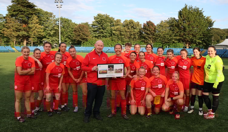 Prior to the IoM women’s game on Friday evening, the Isle of Man Football Association recognised the achievements of Eleanor Gawne after she became the first Manx women’s footballer to reach 50 island appearances. IoMFA president Tony Mepham gave a quick speech before vice-president Shaun Gritton presented a photo frame which included team pictures of Ellie earning her first cap (Celt Cup 2000) and her winning the bronze medal at 2023 Guernsey Island Games (Photo: Paul Hatton)