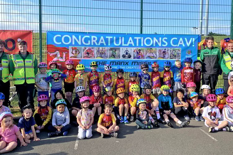 The Isle of Man Government/Post Office banner congratulating Mark Cavendish on his 35th Tour de France stage win was on display at the NSC last Tuesday night. It caused quite a stir at the latest round of the RL360 Youth Cycling League and many of the kids and their parents wanted to have their photo taken with it