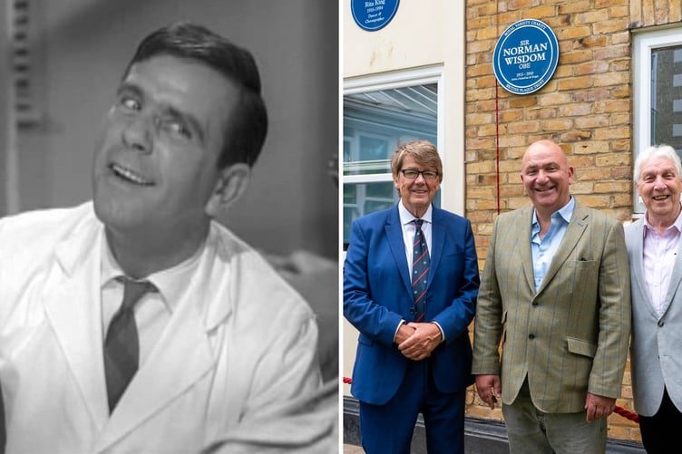 Left, Sir Norman Wisdom. Right, DJ Mike Read, who officiated the whole Blue Plaque event, and Giles Cooper, OBE, Chairman of the Royal Variety Charity which runs Brinsworth House and Jonny Mans, Sir Norman's agent