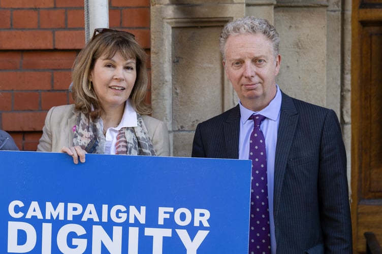 Dr Alex Allinson with Dignity in Dying chief executive Sarah Wootton outside Tynwald during a previous demonstration in July 2024