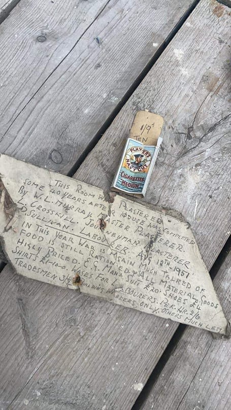 Staff at Oracle Roofing and Solar found this note from 1951 with a cigarette packet in a property on Selbourne Drive, Douglas.