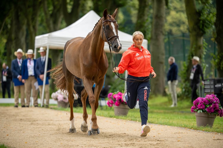 Yasmin INGHAM (GBR) presents BANZAI DU LOIR at the first horse inspection ahead of the eventing competition at the Paris 2024 Olympic Games - Versailles, Paris, France - 26 July 2024 - photo Jon Stroud Media