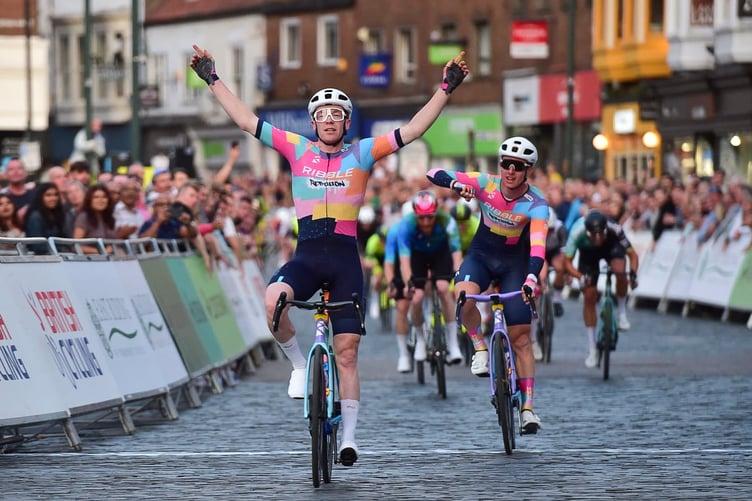 Matt Bostock celebrates as he crosses the finish line to win the Beverley Grand Prix in Yorkshire, his fourth win of last year's British National Circuit Series (Photo: Alex Whitehead/SWpix.com)