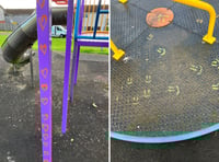 Smiley face and love heart graffiti daubed on playpark equipment