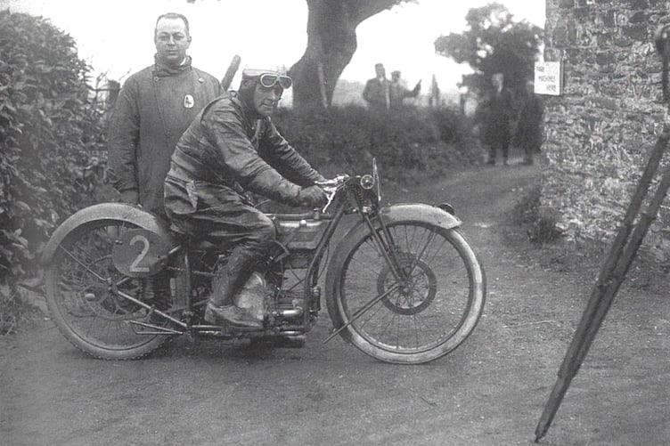 Tom Sheard on his 1923 Senior TT winning Douglas, the same bike that will be on display this Sunday