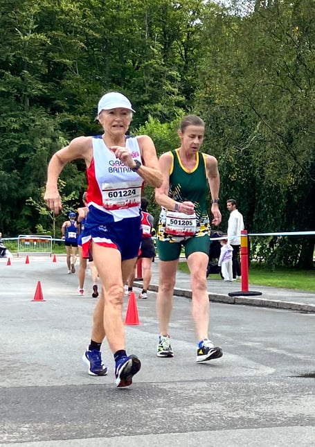 Marie Jackson (left) on her way to winning the women’s 60-64 age group 20km walk title at the World Masters Athletics Championships in Gothenburg, Sweden last weekend (Photo: Paul Jackson)