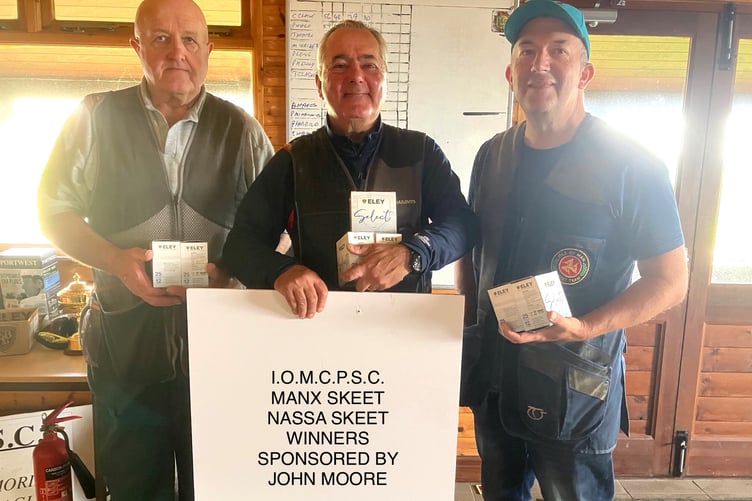 Manx Skeet Championship prize winners: (left to right) third-placed Dave Corlett, winner Paul Mihailovits and runner-up Jeff Corkill