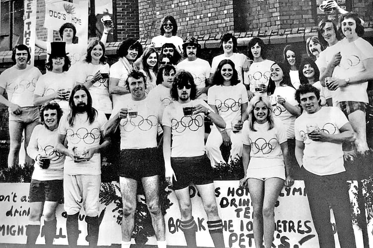 The Dogs Home 'Olympic drinking team', featuring Robert McAleer, Tony Faragher, Norman Williamson, Robin Smith, Geoff Moon, Janet Peacock, Marty Nelson, Caroline Irving, Geoff Stephens and Tony Hirst. Can any readers help with any other names from this team?