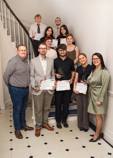 2024 Step programme winners photographed with Sarah Maltby MHK and Matthew Shananhan from Utmost International Isle of Man