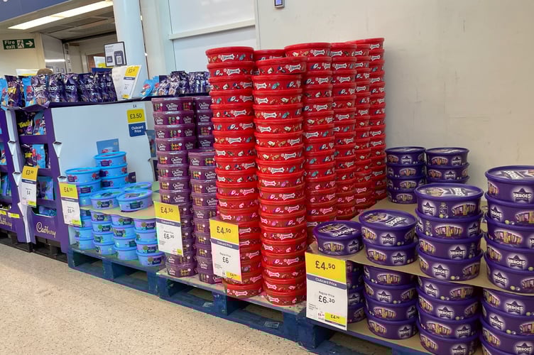Stacked tubs of chocolates at the large Tesco store in Lake Road, Douglas