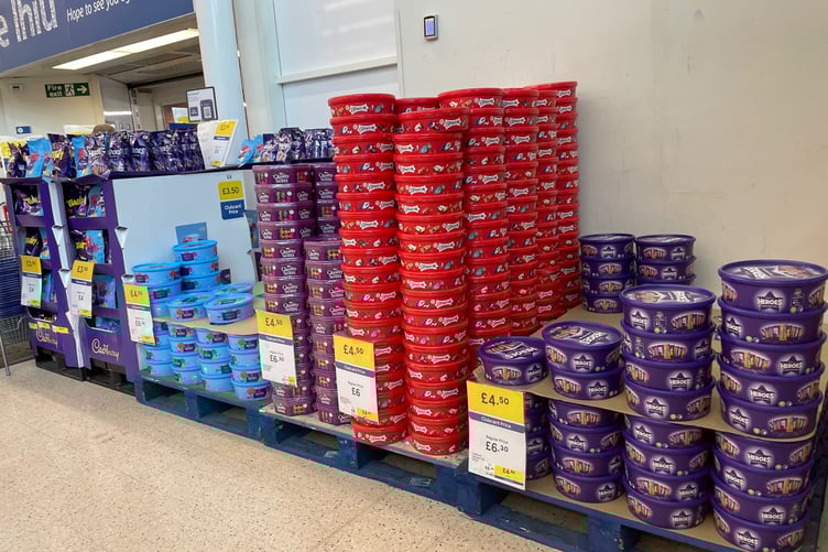 Stacked tubs of chocolates at the large Tesco store in Lake Road, Douglas