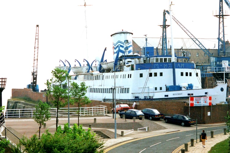 The former Isle of Man ferry, TSS Maxman moored in the dry dock in Hull in 1994 and used as a nightspot.