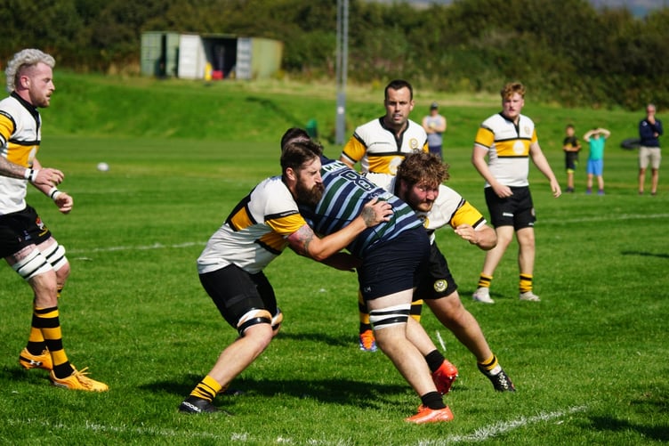 Vagabonds Ryan Pope and Mitch Wells tackle Ormskirk opponent during last weekend's game at Ballafletcher (Photo: John Liver)