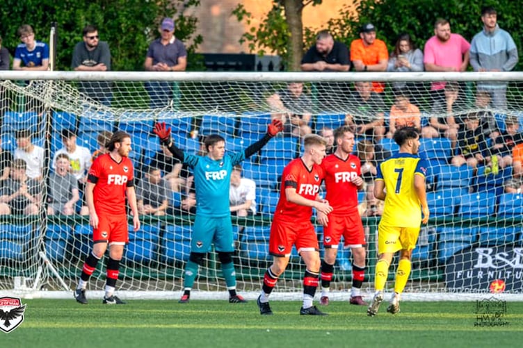 Alex Maitland (left) and goalkeeper Adam Killey both helped FC Isle of Man surprise league leaders Ramsbottom United on Tuesday evening (Photo: Hannah McHugh)