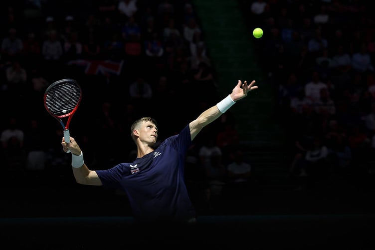 Isle of Man tennis player Billy Harris in action on his way to winning his Davis Cup debut tie against Finland on Wednesday afternoon (Photo: https://www.lta.org.uk)