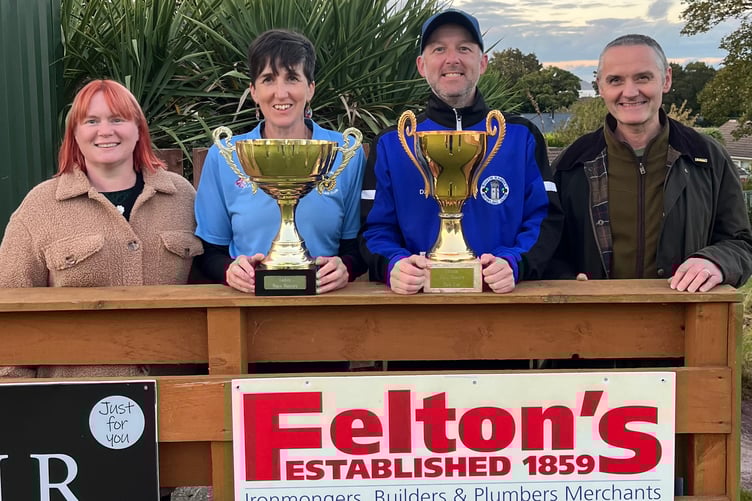 Felton’s Manx Masters winners Louise Tebay and David Bradford with the trophies alongside Lynnette and Chris Perry of sponsor Feltons (Photo: Glynn Hargraves)