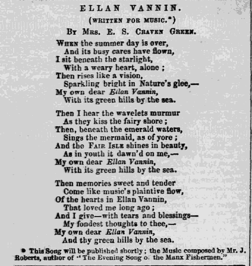 the Ellan Vannin poem in the Manx Sun, Saturday July 22 1854