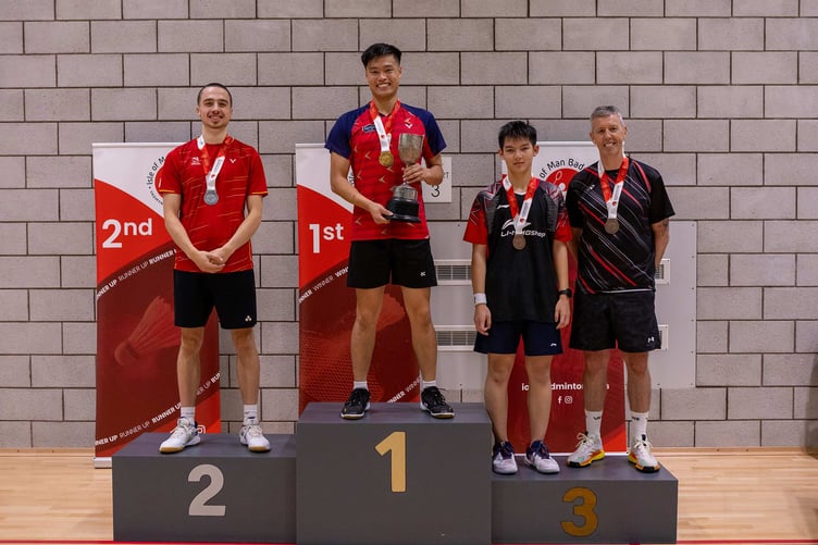 Isle of Man Badminton Association's Senior Restricted Championships men's open winner Tobey Cheng (centre) with runner-up Alex Buck (left) and losing semi-finalists Martin Cheung and Steven Quayle (Photo: DK Photography IOM)