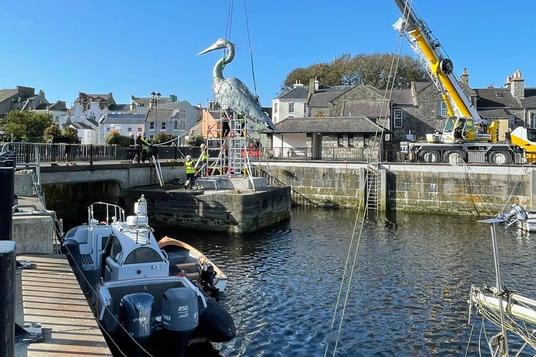 A large heron sculpture has been placed at Castletown harbour as part of the Silverburn Art Trail