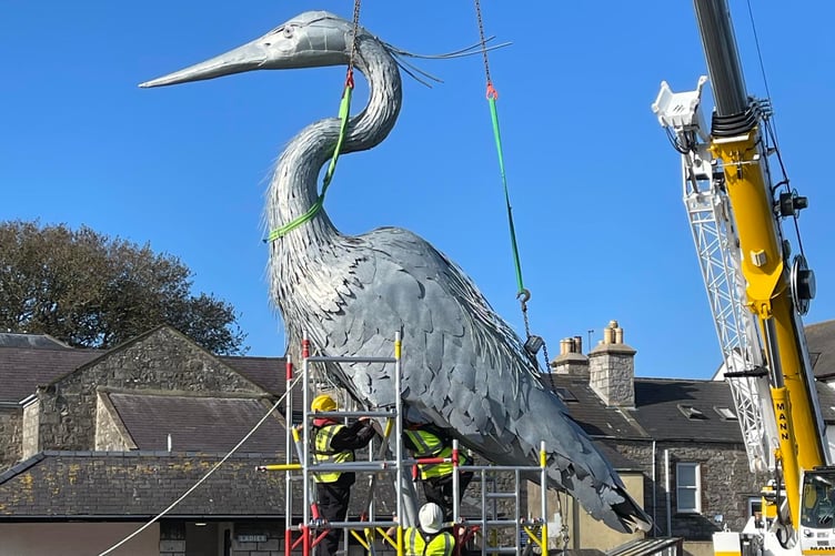 A large heron sculpture has been placed at Castletown harbour as part of the Silverburn Art Trail