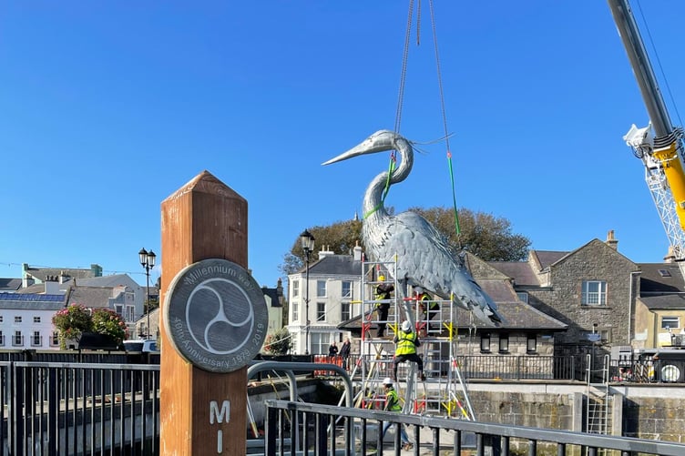 A large heron sculpture has been placed at Castletown harbour as part of the Silverburn Art Trail