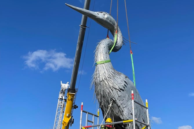 A large heron sculpture has been placed at Castletown harbour as part of the Silverburn Art Trail