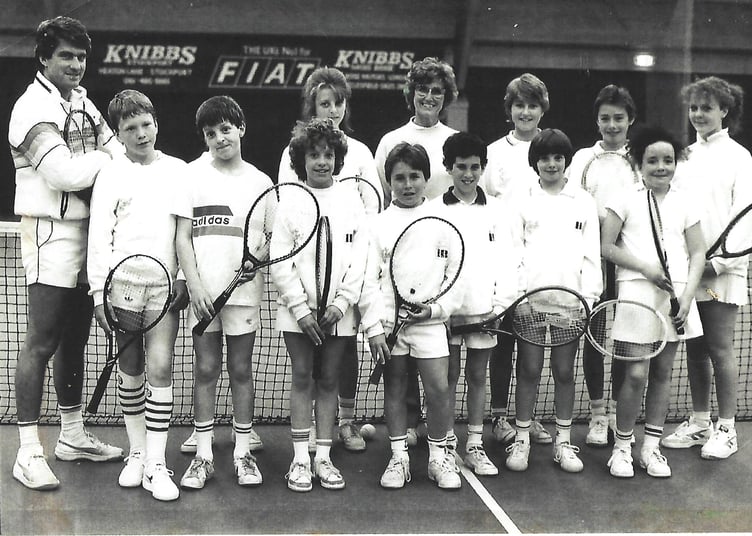 The Isle of Man 10-and-under tennis team from in 1986 with coach Janet Southam (back row, second from left wearing glasses)