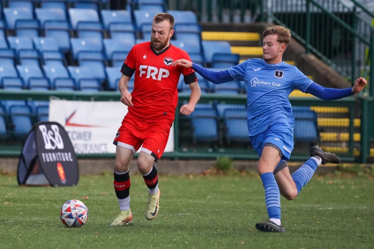 Luke Booth (left) scored a sublime goal to help FC Isle of Man come from behind to defeat Padiham at the Bowl on Saturday afternoon (Photo: Hannah McHugh)