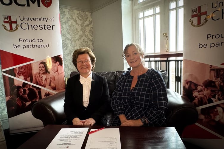 Vice-chancellor of the University of Chester Professor Eunice Simmons (left), with Education Minister Daphne Caine (right)