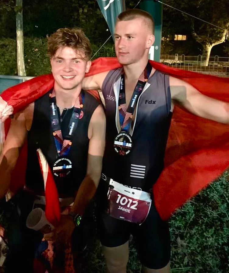 Laxey's Luke Saunders (left) and Ramsey's Jamie Quaye who both competed in the Ironman Calella-Barcelona recently
