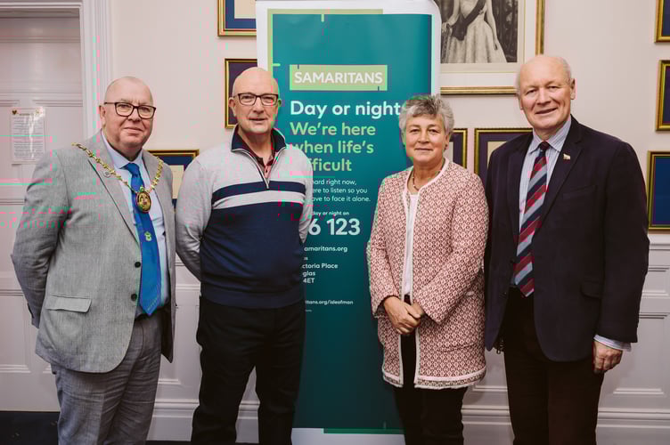 Peter Worthington (Douglas City Council Deputy Mayor), Mike Nudd (Isle of Man Samaritans branch director), Lady Lorimer (Isle of Man Samaritans Patron) and the Lieutenant Governor.