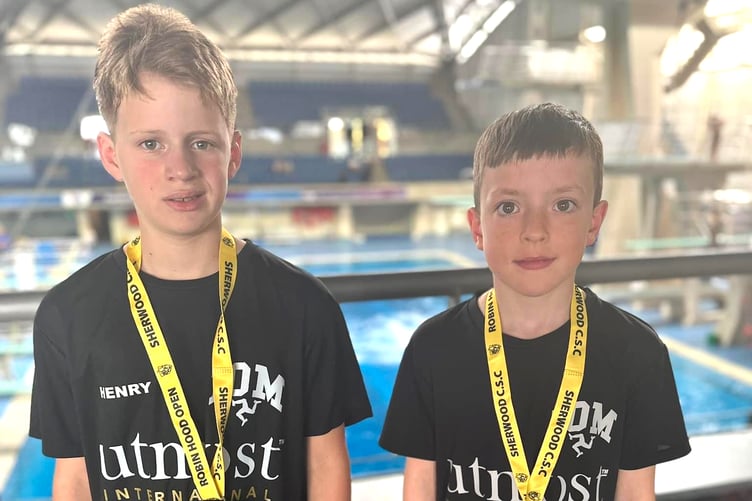 Henry MacKenzie (left) and Jacob Wright both won medals in the open/male 50m backstroke class, Henry claiming the age nine gold while Jacob Wright took bronze in the age 10 class