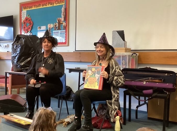Jo Callister (left) and Chloe Woolley (right) visit Michael School